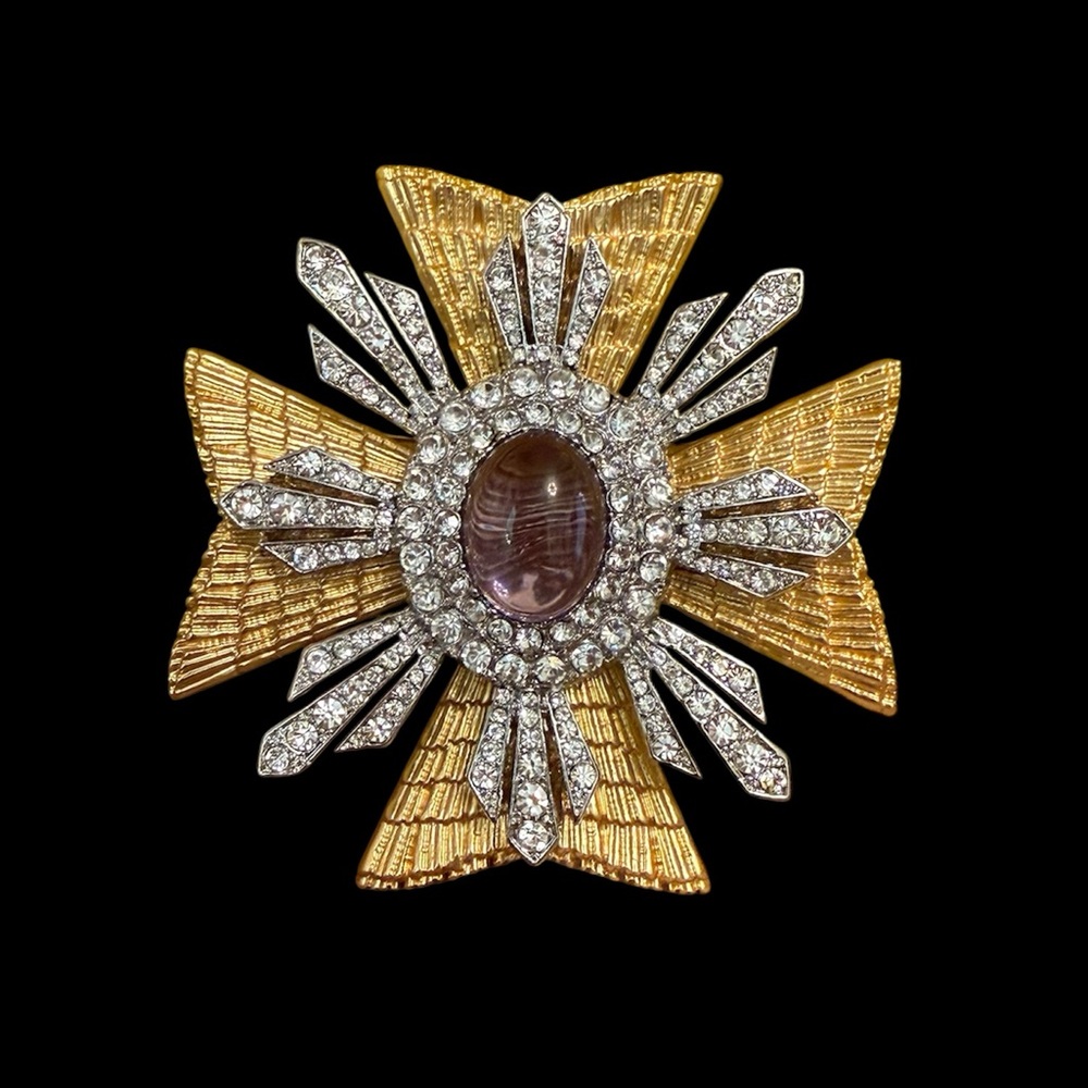 Catwalk Jon Maltese Cross Statement Brooch Gold Tone Crystals Purple Cabochon